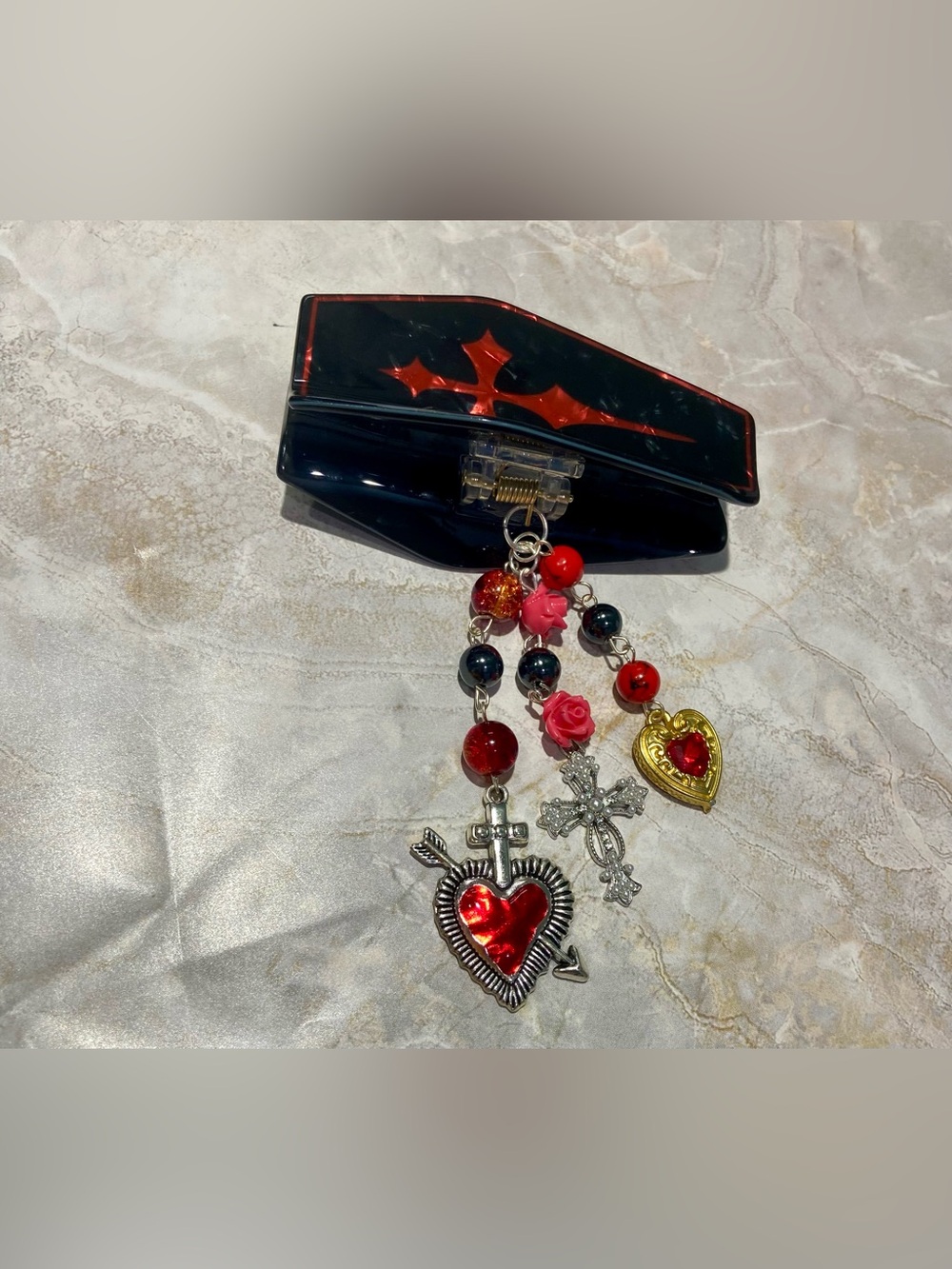 Hand Crafted Black Hair Clip with Red Accents and Dangling Charms